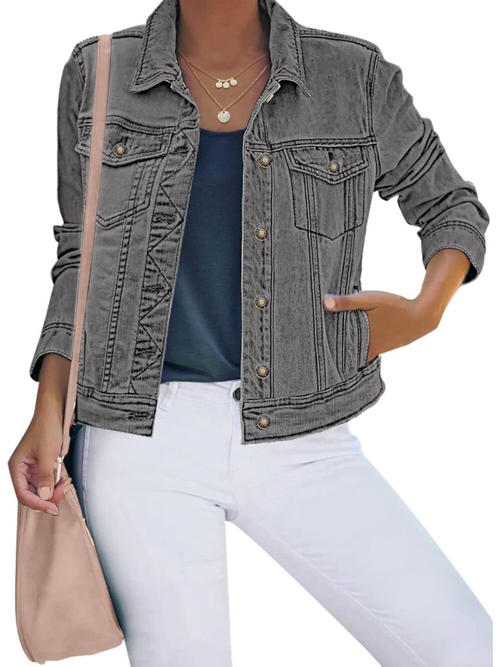 Women's Grey Basic Button Down Stretch Fitted Long Sleeves Denim Jean Jacket